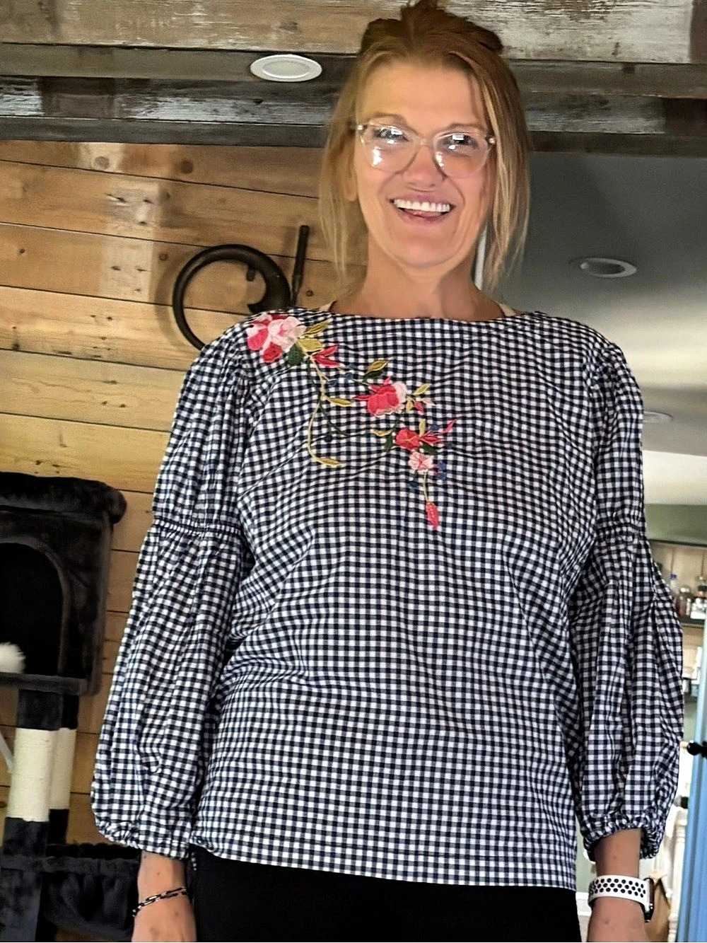 Cupio Gingham Embroidered Blouse in Blue & White Large NWT